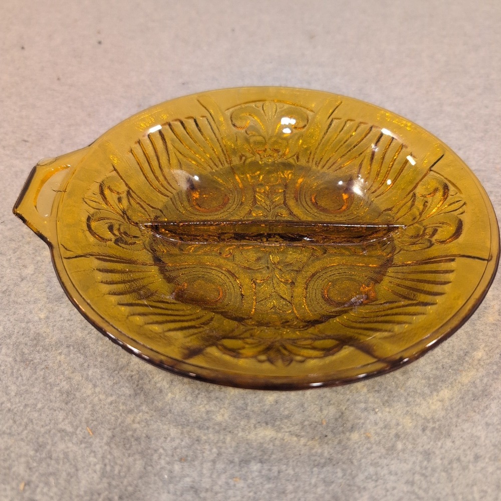 Vintage Amber Glass Divided Relish Dish Peacock Eye Pattern Tab Handle Serving - Picture 1 of 8